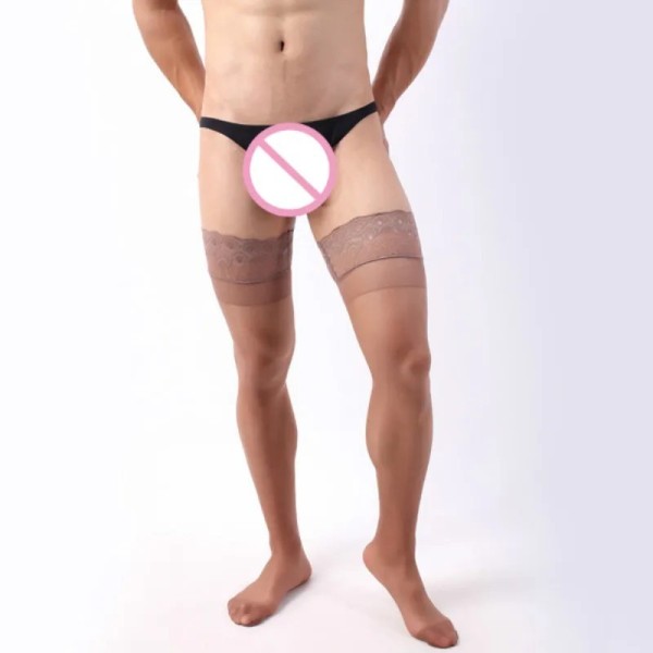 Silicone Hold Up Non-slip Stockings Men's Nylon Silk Stocking Gay Lace Top Thigh High Sexy Stockings Male Lingerie New Arrive