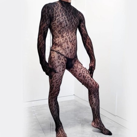 Men's Bodystockings Leopard Bodysuits Male Long Sleeved Gloves One-pie Men's Bodystockings Leopard Bodysuits Male Long Sleeved Gloves One-pie