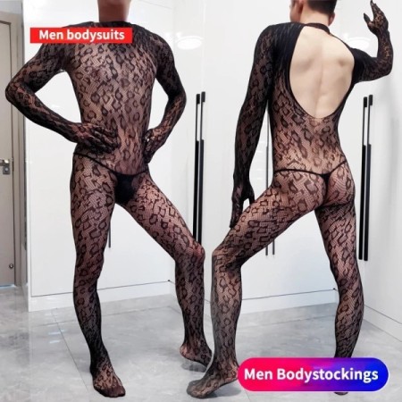 Men's Bodystockings Leopard Bodysuits Male Long Sleeved Gloves One-pie Men's Bodystockings Leopard Bodysuits Male Long Sleeved Gloves One-pie