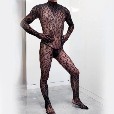 Men's Bodystockings Leopard Bodysuits Male Long Sleeved Gloves One-pie Men's Bodystockings Leopard Bodysuits Male Long Sleeved Gloves One-pie