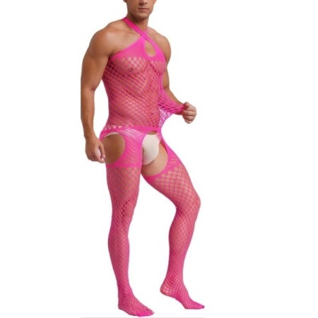 Hot Pink Jumpsuit for Men Open Crotch Bodystockings See Through Cutout