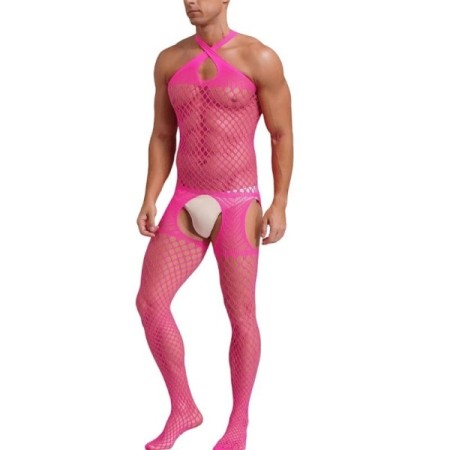 Hot Pink Jumpsuit for Men Open Crotch Bodystockings See Through Cutout