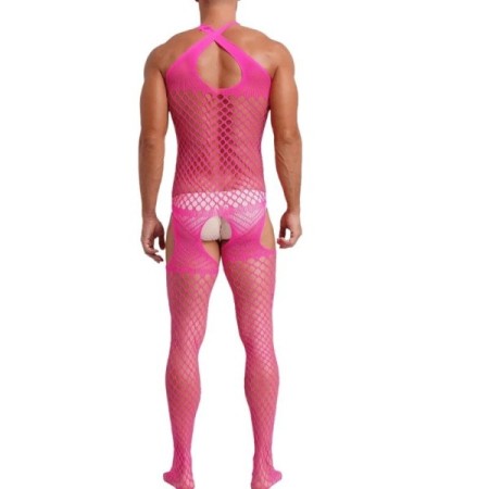 Hot Pink Jumpsuit for Men Open Crotch Bodystockings See Through Cutout