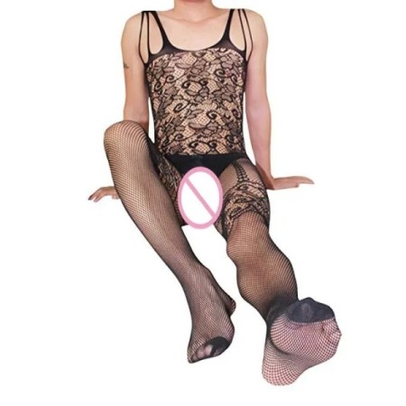 NEW Men Lingerie Open Crotch Jumpsuit High Elastic Pantyhose Suspender
