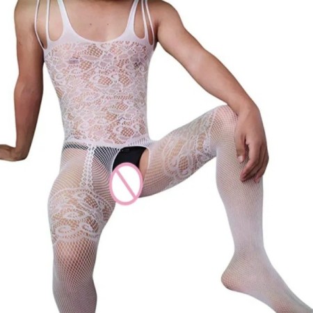 NEW Men Lingerie Open Crotch Jumpsuit High Elastic Pantyhose Suspender