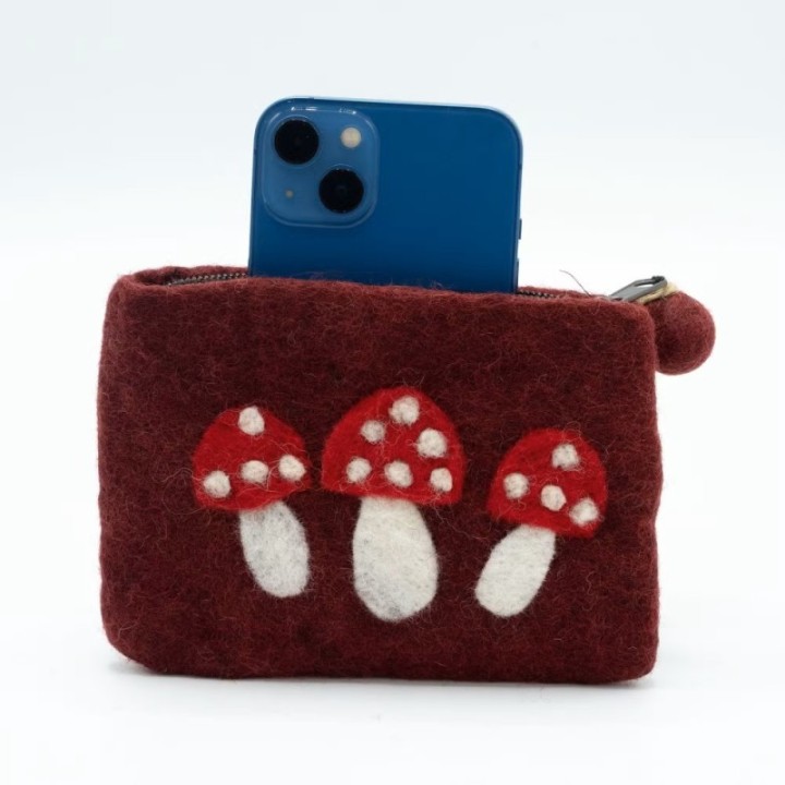Natural Felt Zipper Pouch (asst) - Wild Mushrooms