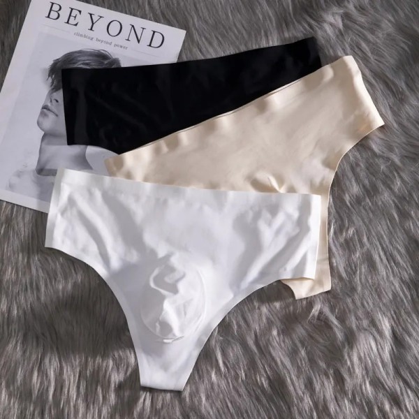 Men's Bikini High Waist Underwear Sexy Ice Silk T-Back G-String Briefs Breathable Male Thong Seamless Underpants Sissy Lingerie