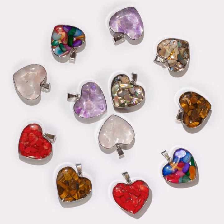 Steel Cased Pendant Hearts - 12 Assorted Gemstone Chips & Shells