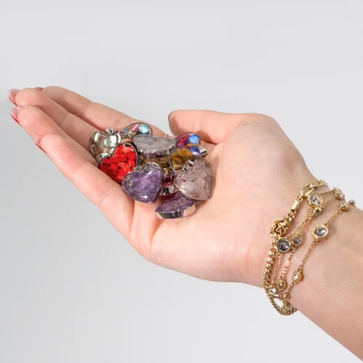 Steel Cased Pendant Hearts - 12 Assorted Gemstone Chips & Shells