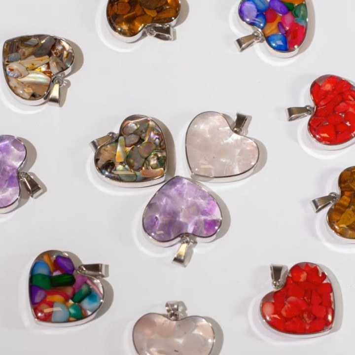 Steel Cased Pendant Hearts - 12 Assorted Gemstone Chips & Shells