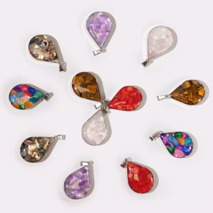 Steel Cased Pendant Teardrops - 12 Assorted Gemstone Chips & Shells