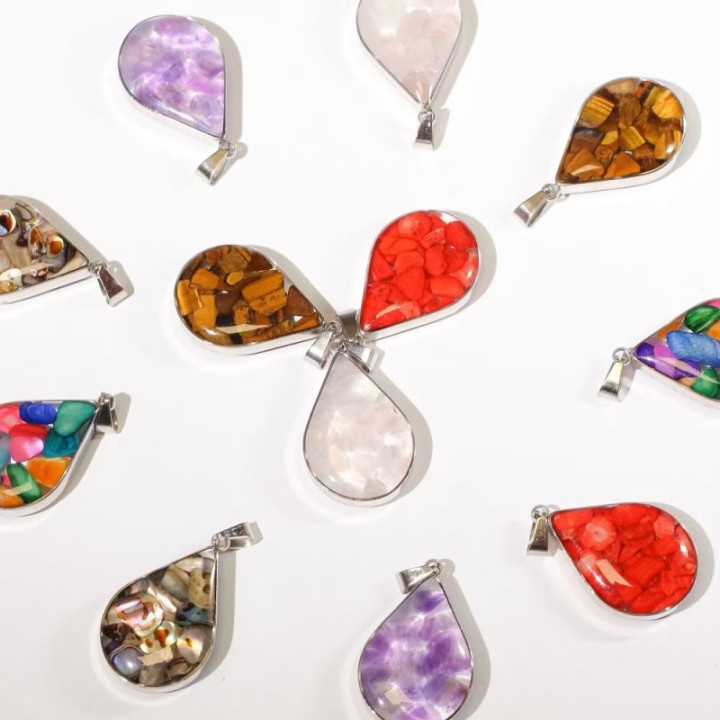 Steel Cased Pendant Teardrops - 12 Assorted Gemstone Chips & Shells