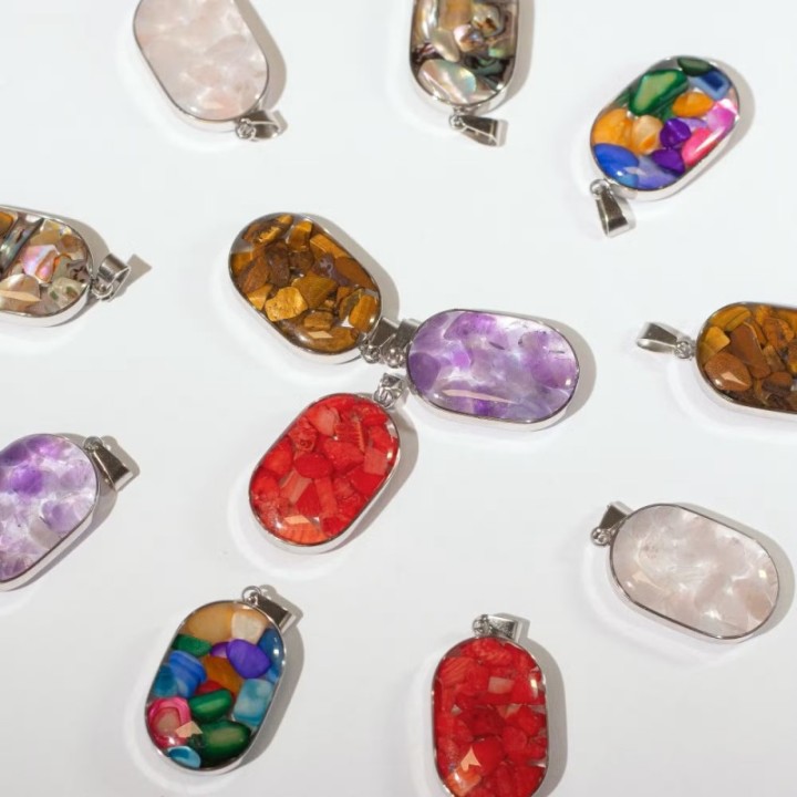Steel Cased Pendant Ovals - 12 Assorted Gemstone Chips & Shells