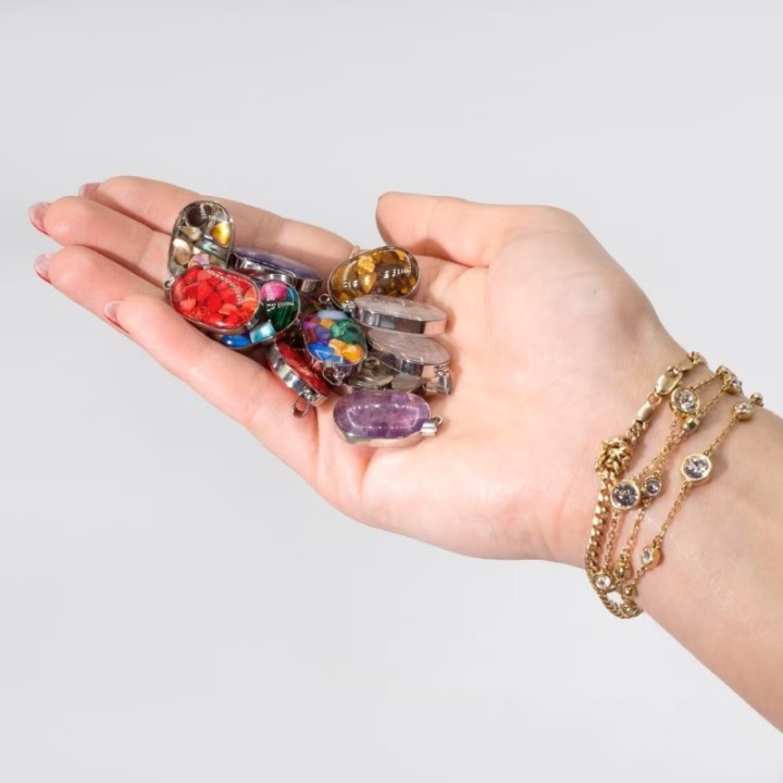 Steel Cased Pendant Ovals - 12 Assorted Gemstone Chips & Shells