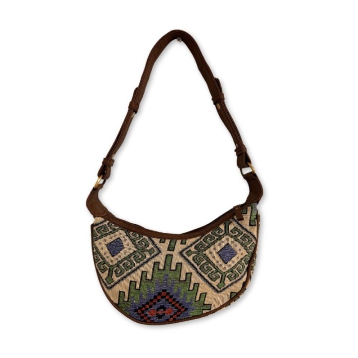 Jacquard Hobo Bag - Geo-Geen (brown strap)