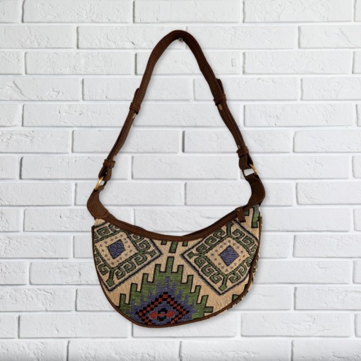 Jacquard Hobo Bag - Geo-Geen (brown strap)