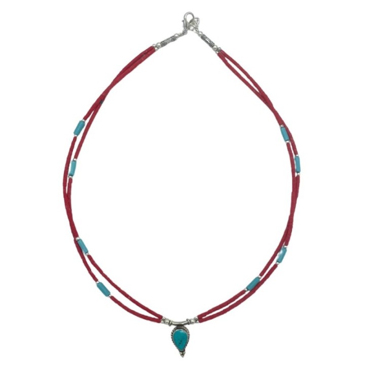 Nepalese Extra Fine Two Line Necklace - Pink & Turquoise Pendant