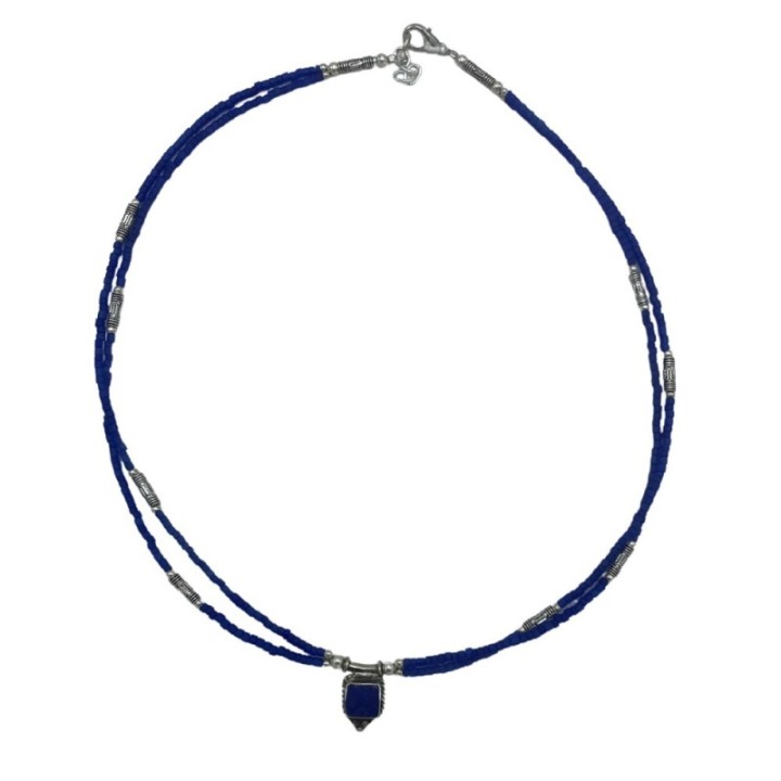 Nepalese Extra Fine Two Line Necklace - Blue Onyx & Lapis Pendant