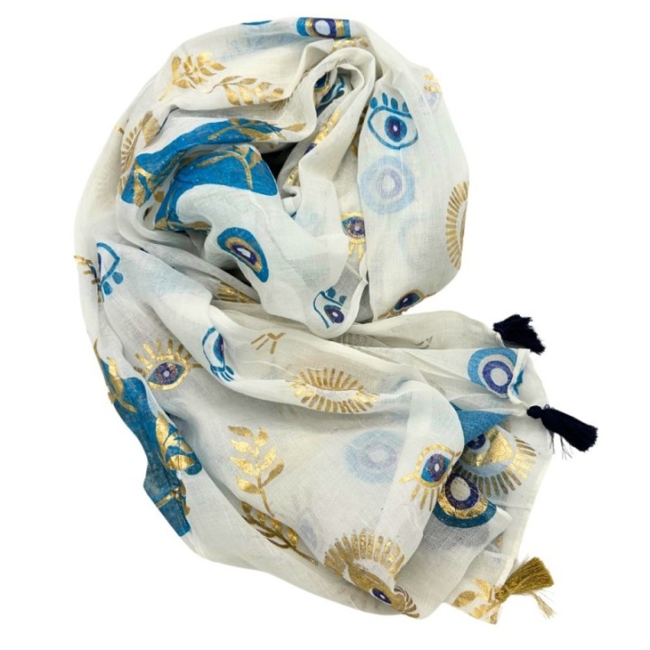 Nomad Sari On the Med Collection - Pareo - White , Blue & Gold Evil Eye Design