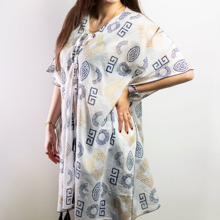Nomad Sari On the Med Collection - Kaftan - Gold & Blue Greek Motiff - Handpainted