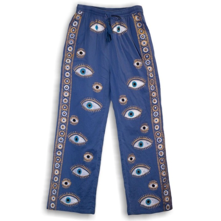 (ML) Nomad Sari On the Med Collection - Lounge Pants - Rich Blue & Gold Hand Painted Evil Eye Design