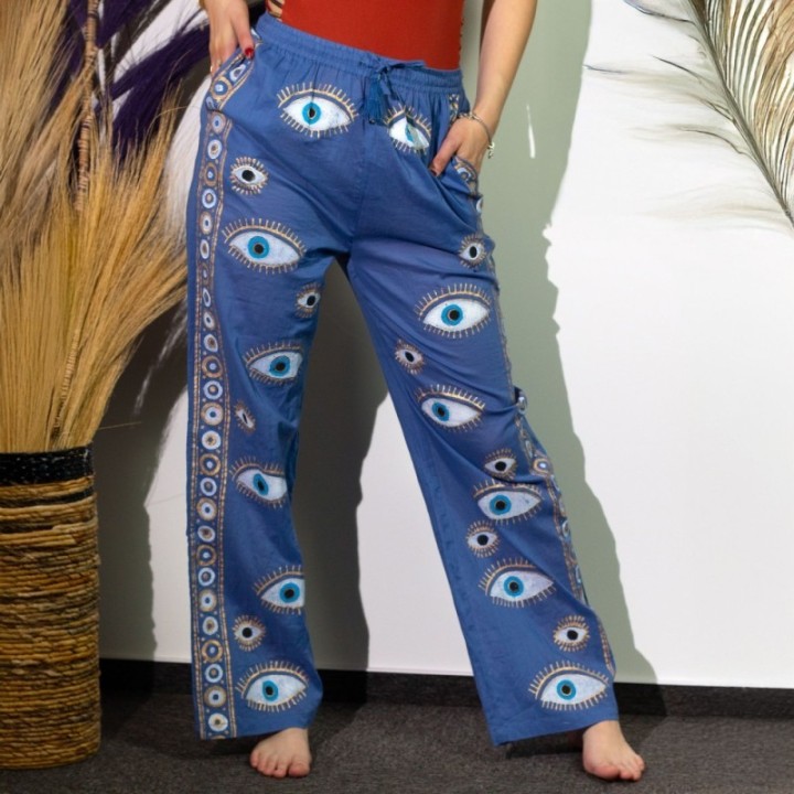 (LXL) Nomad Sari On the Med Collection - Lounge Pants - Rich Blue & Gold Hand Painted Evil Eye Design
