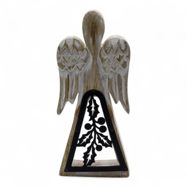 Mango Wood Angel - Whitewash with Iron Decor Cut Out