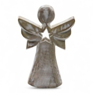 Mango Wood Angel - Whitewash with Star Cut Out