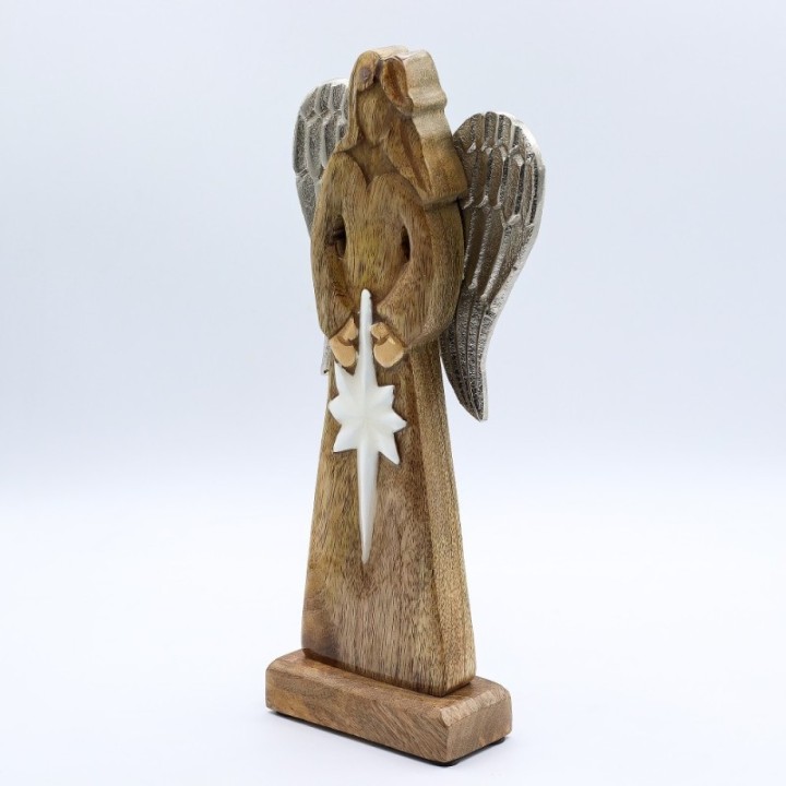 Large Mango Wood Peace Angel Metal Wings & Enamel Detail