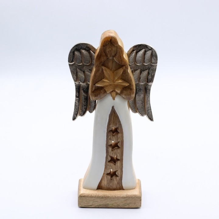 Large Mango Wood Star Angel Metal Wings & Enamel Detail
